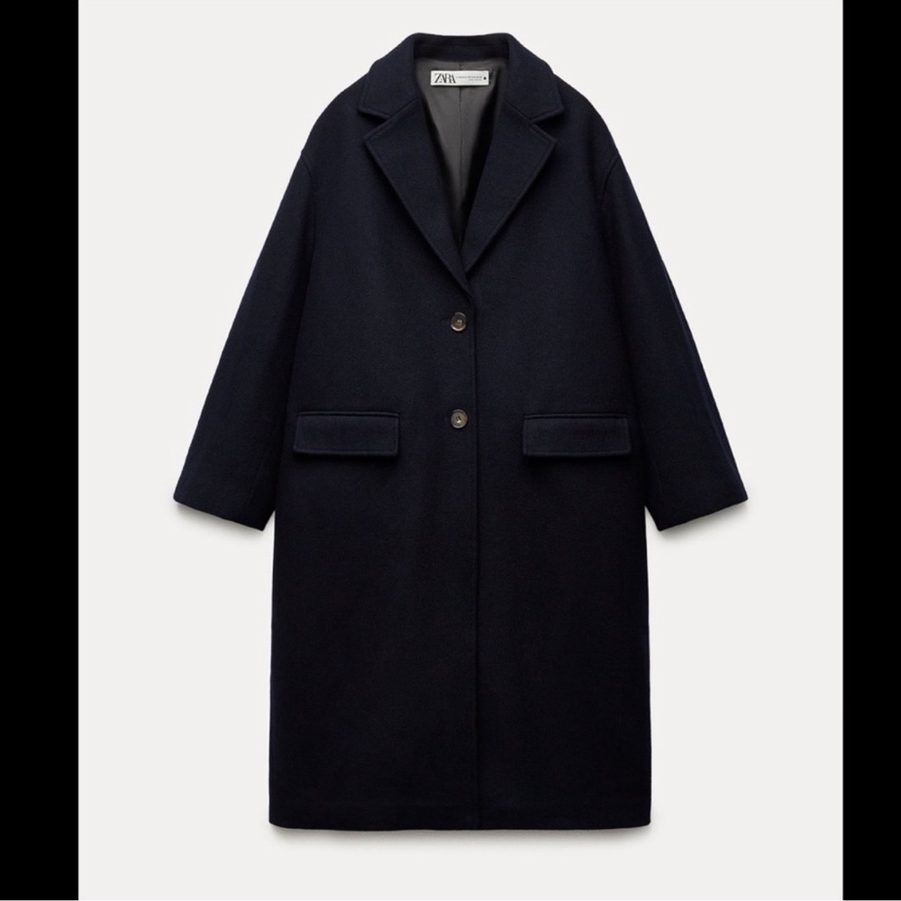 Zara Wool Blend Oversized Long Trench Coat Navy Blue Minimalist Chic Sz XS-S NWT
